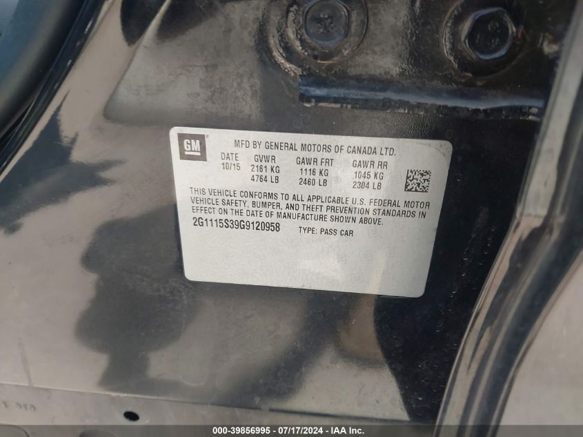 2016 Chevrolet Impala Lt VIN: 2G1115S39G9120958 Lot: 39856995