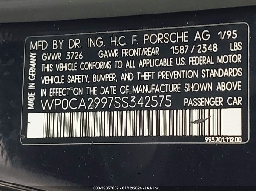 1995 Porsche 911 Carrera 2/Carrera 4 VIN: WP0CA2997SS342575 Lot: 39857002