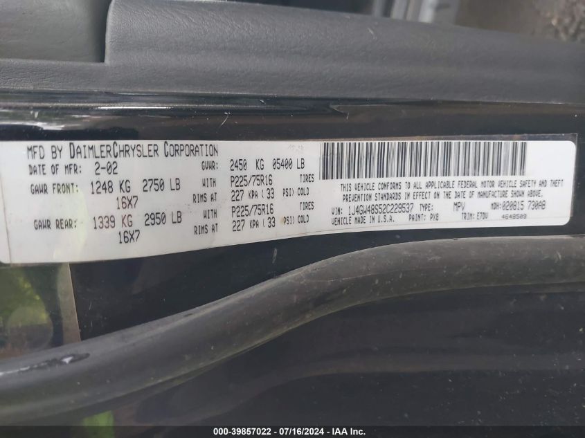 2002 Jeep Grand Cherokee Laredo VIN: 1J4GW48S52C229537 Lot: 39857022