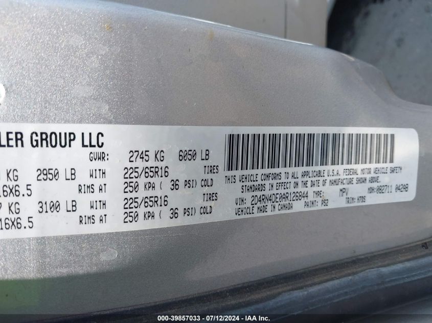 2010 Dodge Grand Caravan Se VIN: 2D4RN4DE0AR126844 Lot: 39857033