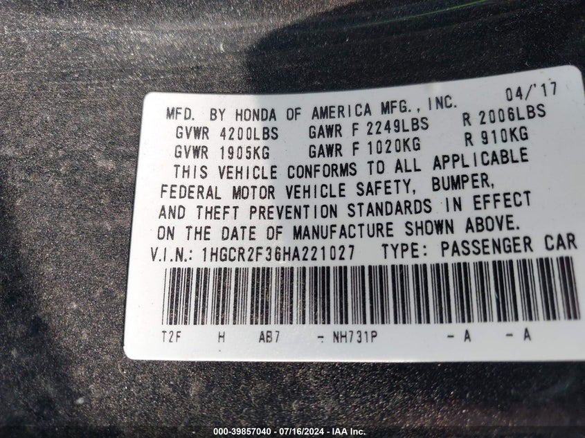 2017 HONDA ACCORD VIN: 1HGCR2F36HA221027