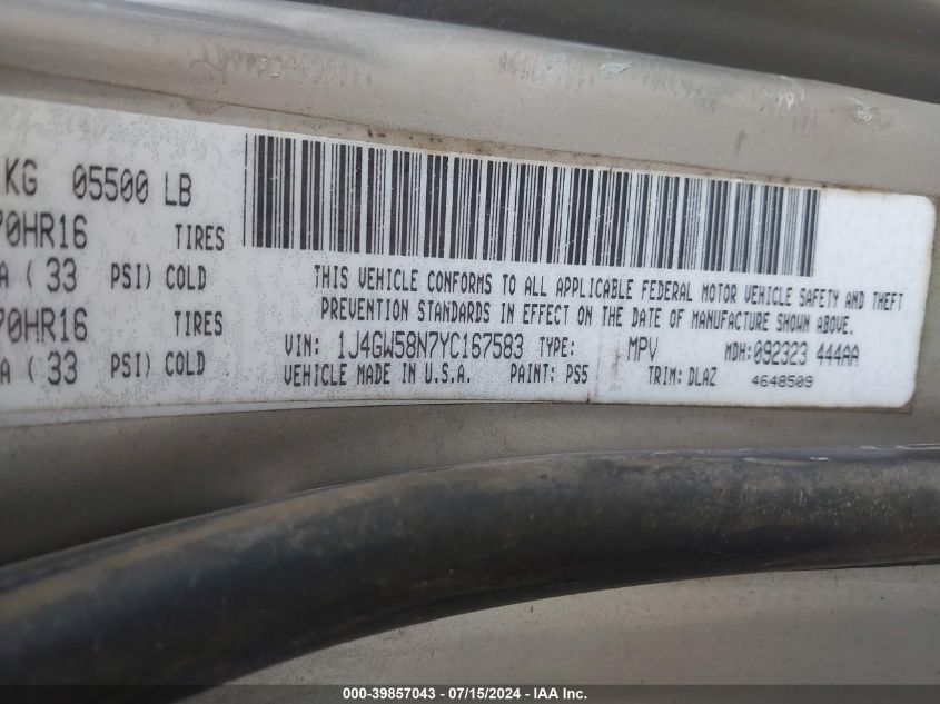 2000 Jeep Grand Cherokee Limited VIN: 1J4GW58N7YC167583 Lot: 39857043