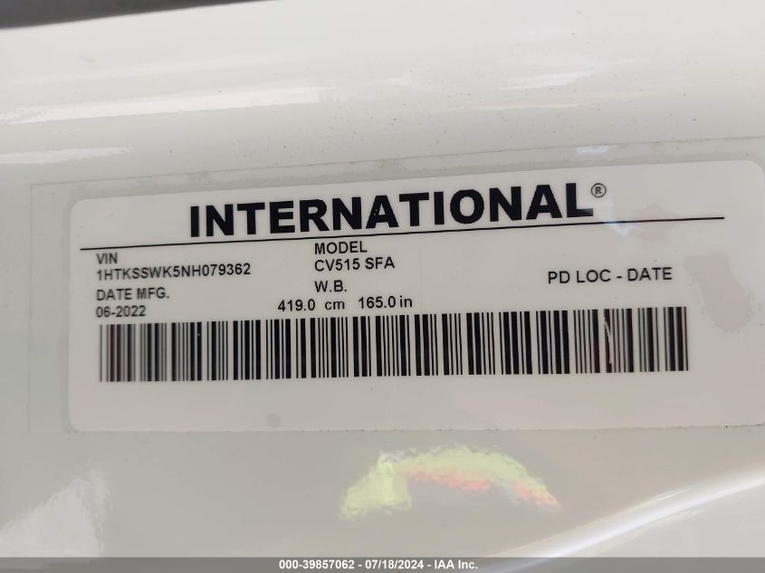 2022 International Cv VIN: 1HTKSSWK5NH079362 Lot: 39857062