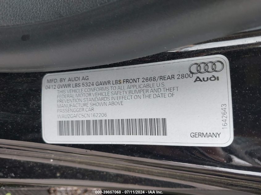 2012 Audi A7 Premium VIN: WAU2GAFC5CN162206 Lot: 39857068