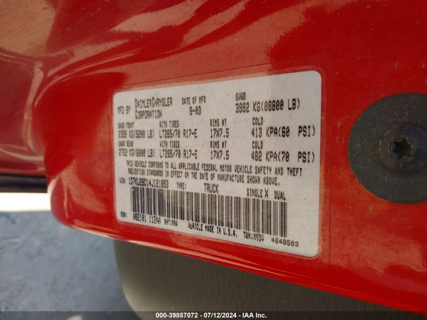 2004 Dodge Ram 2500 St/Slt VIN: 1D7KU28D14J121853 Lot: 39857072