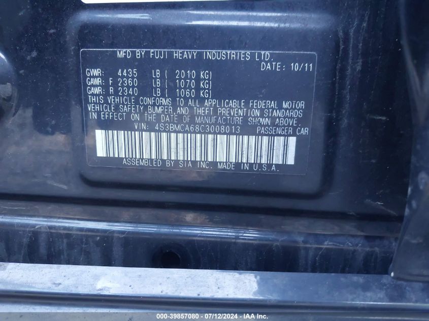 2012 Subaru Legacy 2.5I VIN: 4S3BMCA68C3008013 Lot: 39857080