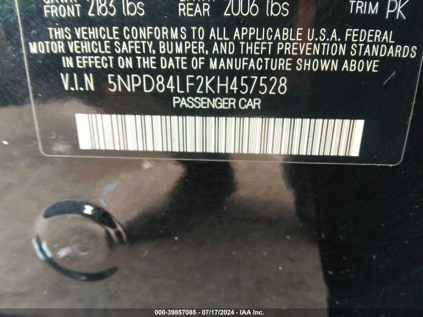 2019 Hyundai Elantra Value Edition VIN: 5NPD84LF2KH457528 Lot: 39857085