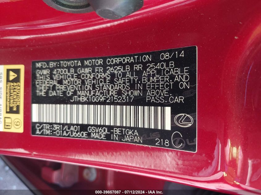 2015 Lexus Es 350 VIN: JTHBK1GG9F2152317 Lot: 39857087