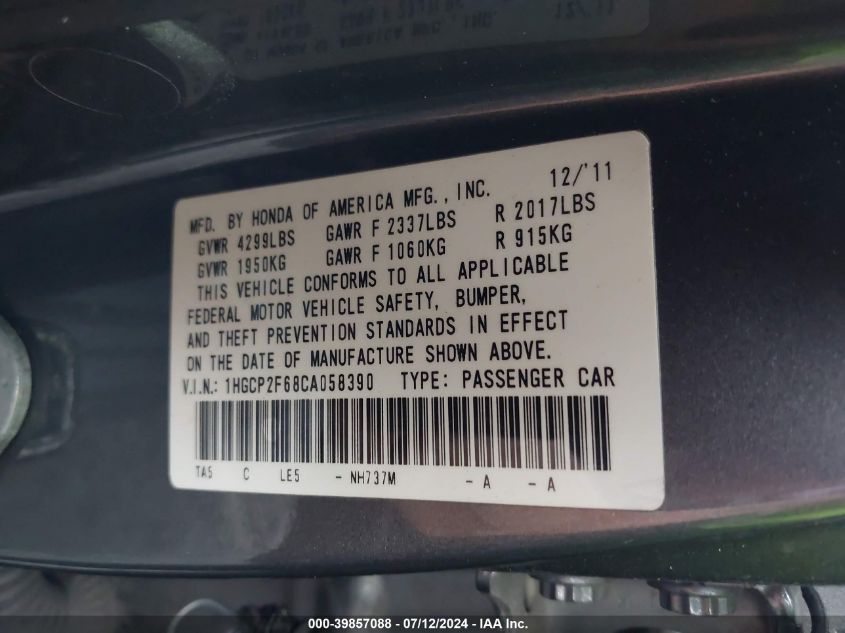 2012 Honda Accord 2.4 Se VIN: 1HGCP2F68CA058390 Lot: 39857088