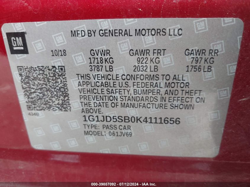 1G1JD5SB0K4111656 2019 Chevrolet Sonic Lt Auto