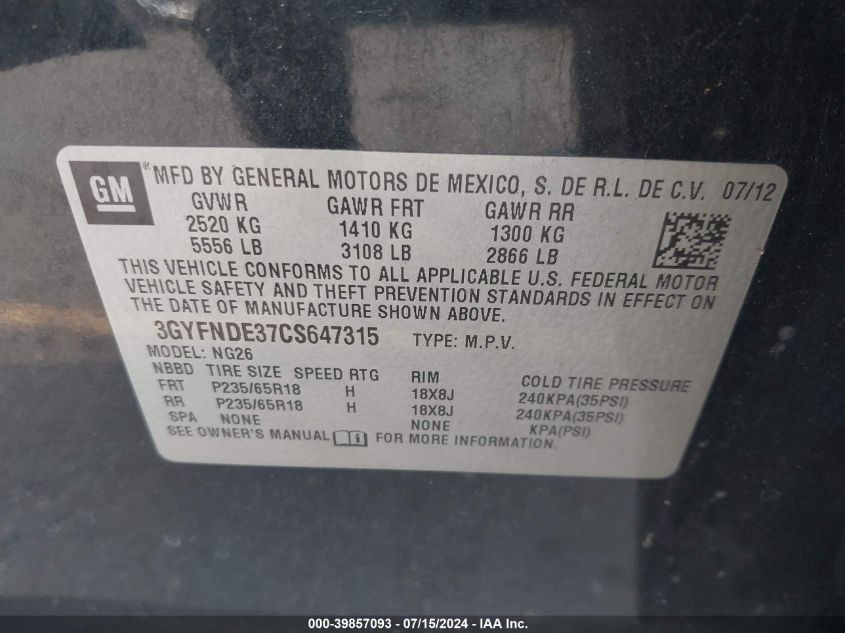 2012 Cadillac Srx Luxury Collection VIN: 3GYFNDE37CS647315 Lot: 39857093