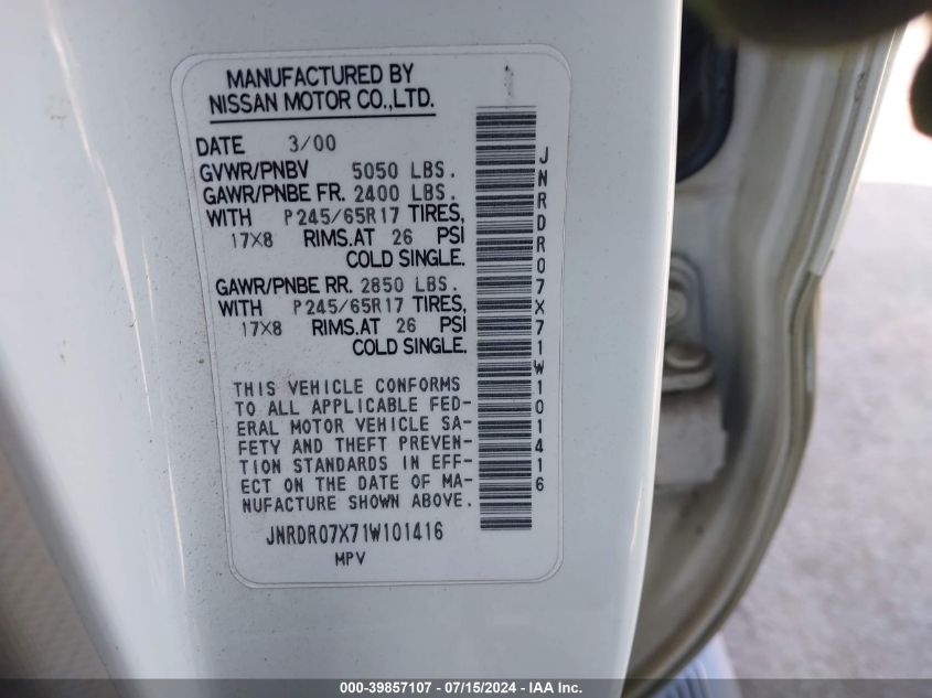 2001 Infiniti Qx4 Luxury VIN: JNRDR07X71W101416 Lot: 39857107