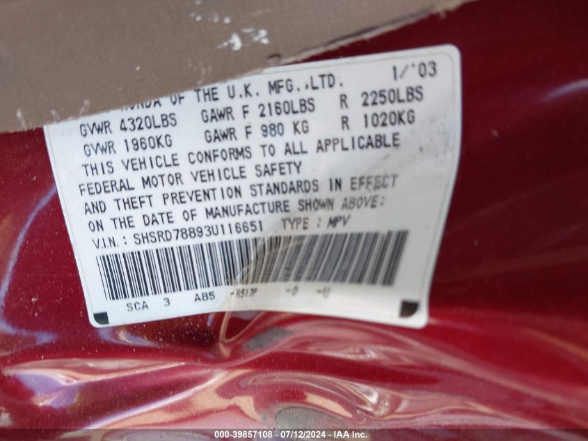 2003 Honda Cr-V Ex VIN: SHSRD78893U116651 Lot: 39857108