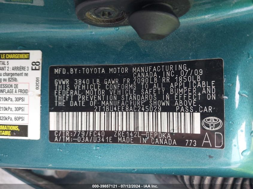 2010 Toyota Corolla Le VIN: 2T1BU4EE8AC245029 Lot: 39857121