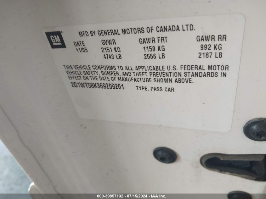 2G1WT58K369209261 2006 Chevrolet Impala Lt