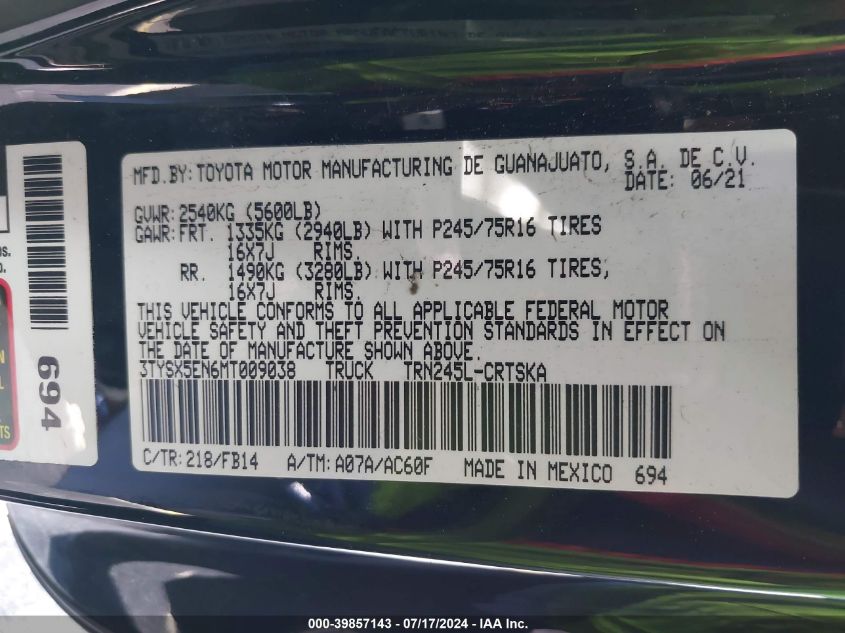 2021 Toyota Tacoma Sr VIN: 3TYSX5EN6MT009038 Lot: 39857143