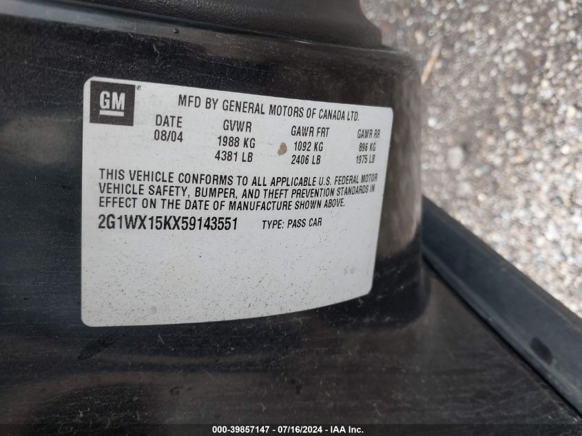 2005 Chevrolet Monte Carlo Lt VIN: 2G1WX15KX59143551 Lot: 39857147