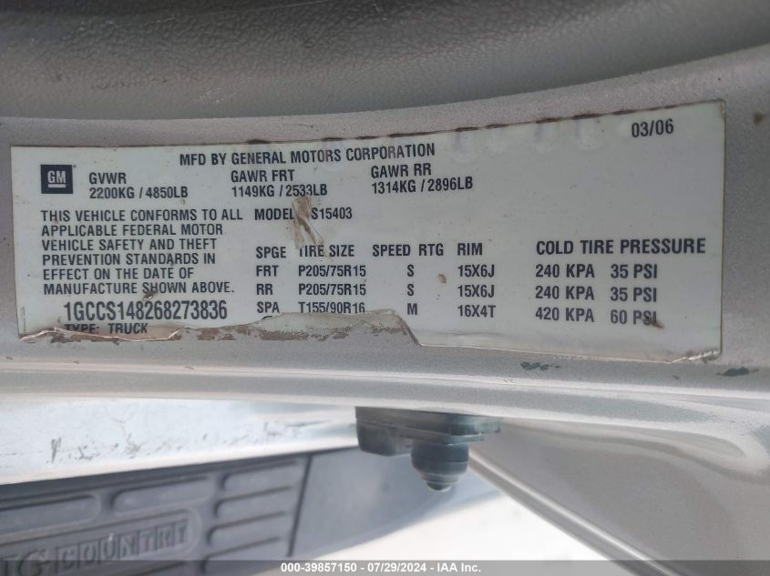 2006 Chevrolet Colorado Ls VIN: 1GCCS148268273836 Lot: 39857150