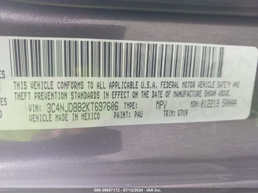 2019 Jeep Compass Altitude 4X4 VIN: 3C4NJDBB2KT697606 Lot: 39857172