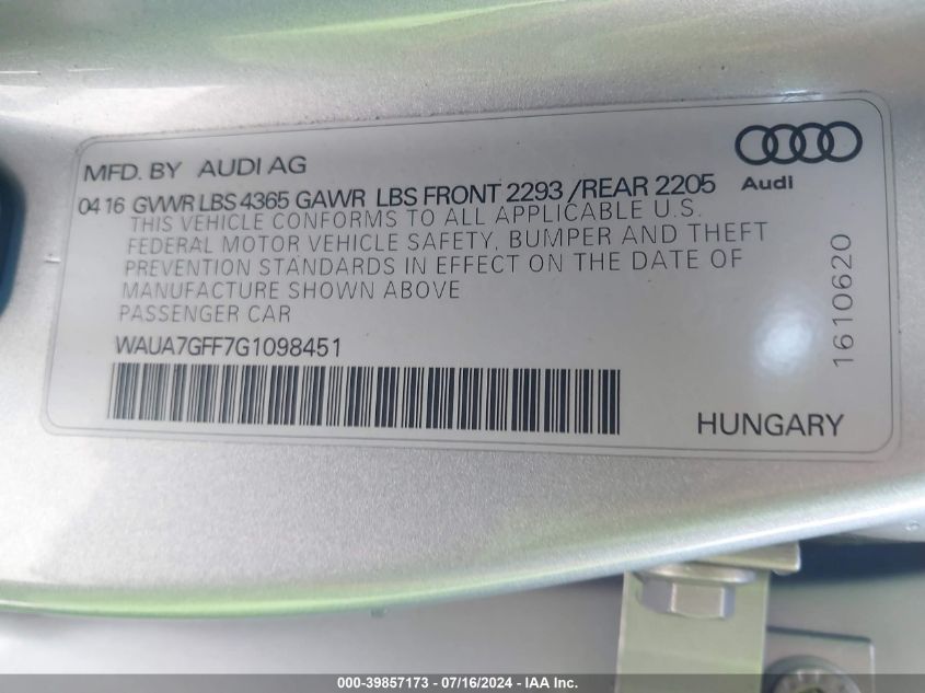 2016 Audi A3 1.8T Premium VIN: WAUA7GFF7G1098451 Lot: 39857173