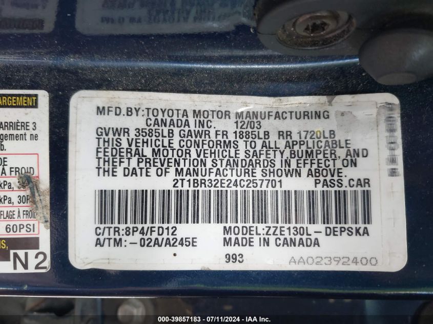 2004 Toyota Corolla S VIN: 2T1BR32E24C257701 Lot: 39857183