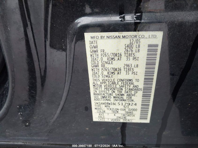 2006 Nissan Xterra X VIN: 5N1AN08W16C517924 Lot: 39857188