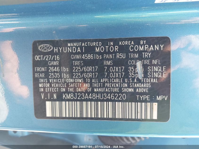 KM8J23A48HU346220 2017 Hyundai Tucson Se