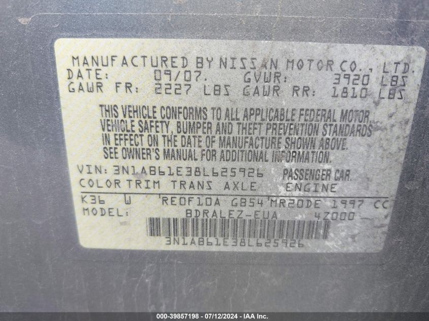 2008 Nissan Sentra 2.0 S VIN: 3N1AB61E38L625926 Lot: 39857198