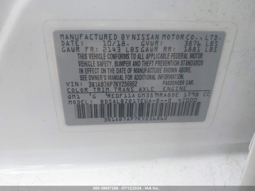 2019 Nissan Sentra S VIN: 3N1AB7AP7KY256862 Lot: 39857206