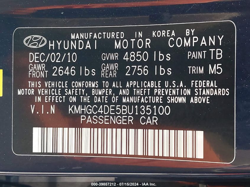 2011 Hyundai Genesis 3.8 VIN: KMHGC4DE5BU135100 Lot: 39857212