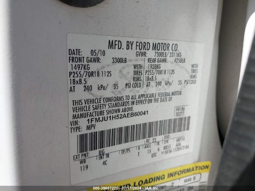 2010 Ford Expedition Eddie Bauer VIN: 1FMJU1H52AEB60041 Lot: 39857220