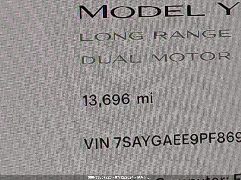 2023 Tesla Model Y Awd/Long Range Dual Motor All-Wheel Drive VIN: 7SAYGAEE9PF869381 Lot: 39857223