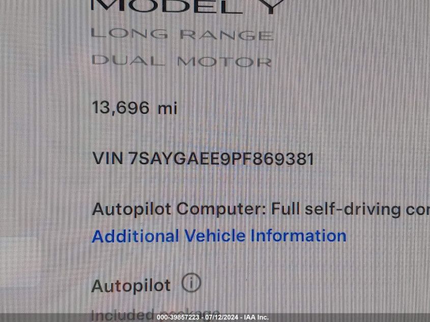 2023 Tesla Model Y Awd/Long Range Dual Motor All-Wheel Drive VIN: 7SAYGAEE9PF869381 Lot: 39857223