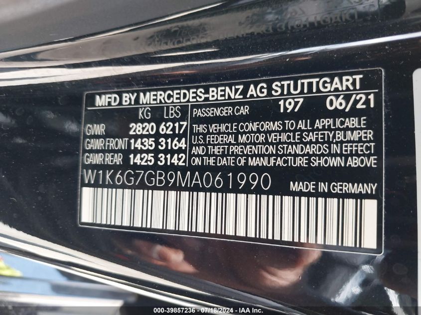 2021 Mercedes-Benz S 580 4Matic VIN: W1K6G7GB9MA061990 Lot: 39857236