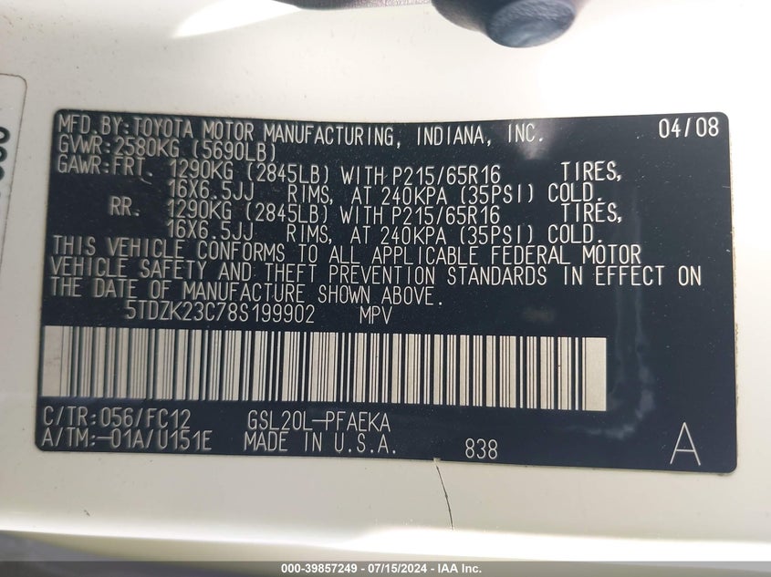 2008 Toyota Sienna Le VIN: 5TDZK23C78S199902 Lot: 39857249