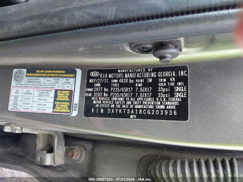 2012 Kia Sorento Lx VIN: 5XYKT3A18CG203936 Lot: 39857253