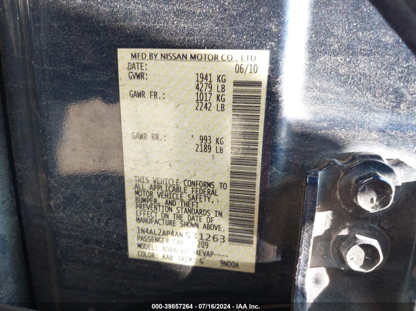 2010 Nissan Altima 2.5 S VIN: 1N4AL2AP4AN531263 Lot: 39857264