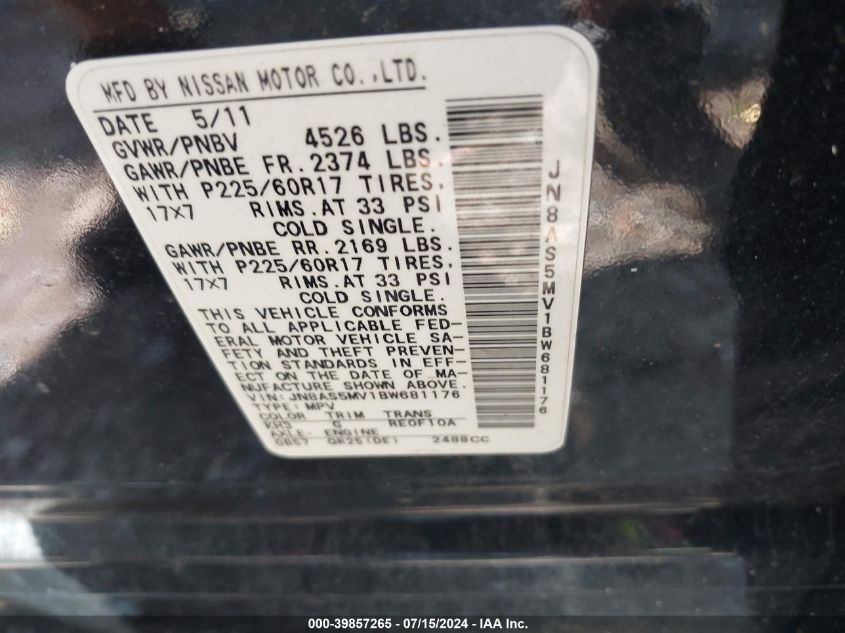 2011 Nissan Rogue Sv VIN: JN8AS5MV1BW681176 Lot: 39857265