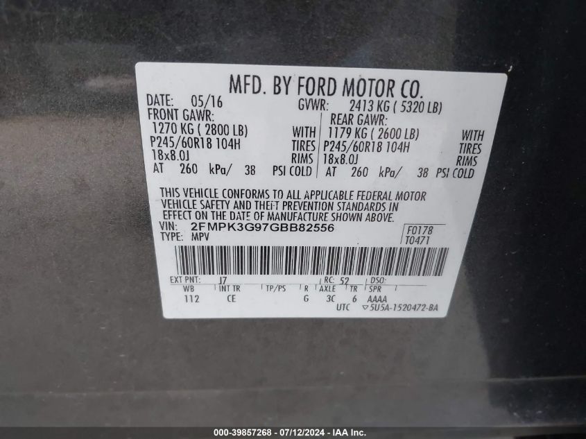 2016 Ford Edge Se VIN: 2FMPK3G97GBB82556 Lot: 39857268