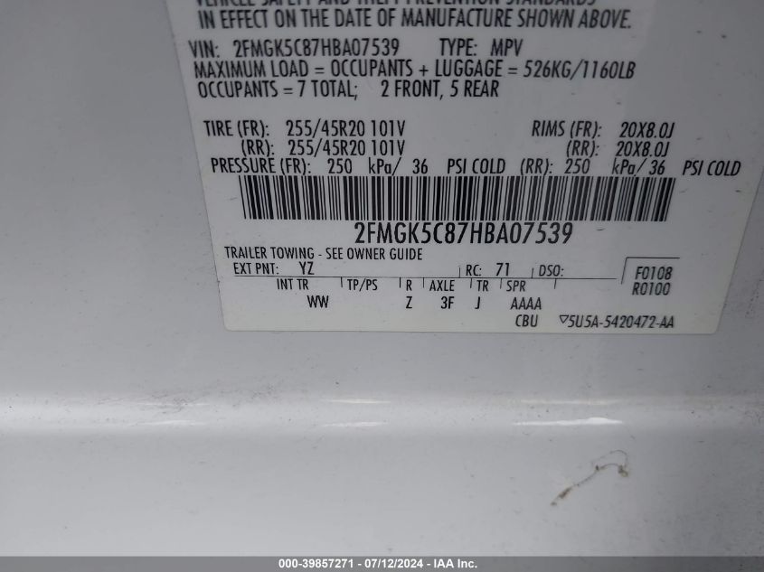 2017 Ford Flex Sel VIN: 2FMGK5C87HBA07539 Lot: 39857271