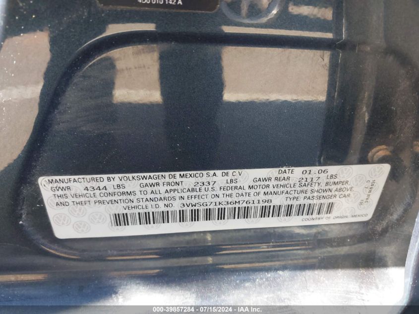 2006 Volkswagen Jetta 2.5 VIN: 3VWSG71K36M761198 Lot: 39857284