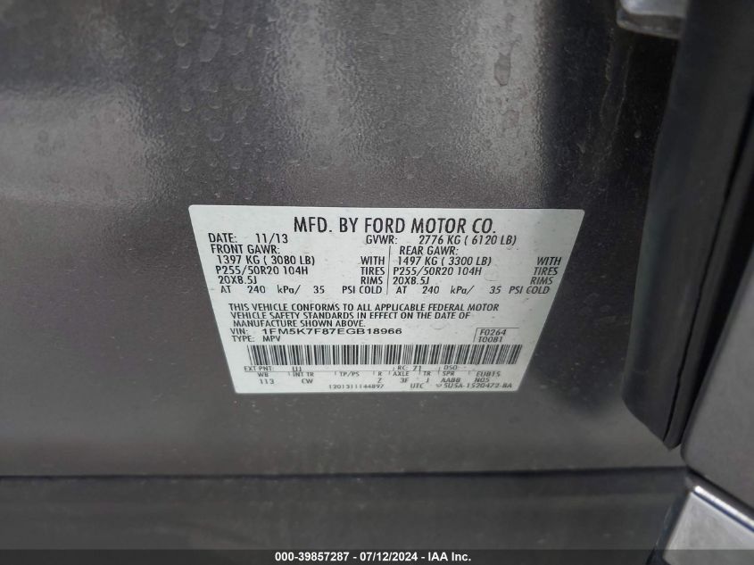 2014 Ford Explorer Limited VIN: 1FM5K7F87EGB18966 Lot: 39857287