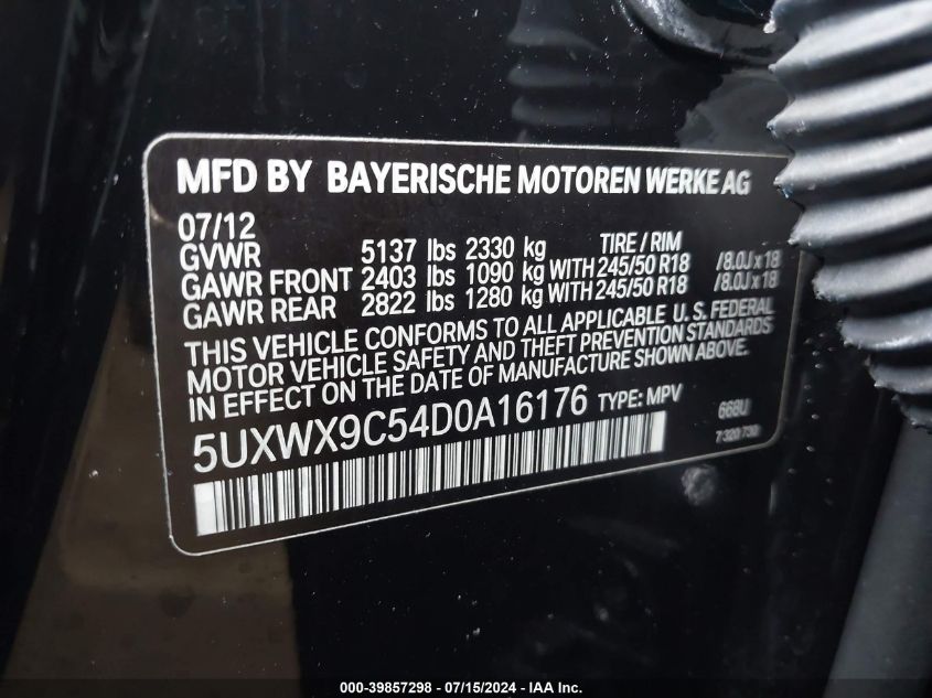 2013 BMW X3 xDrive28I VIN: 5UXWX9C54D0A16176 Lot: 39857298