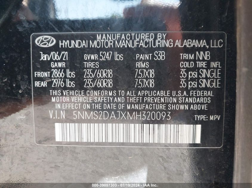 2021 Hyundai Santa Fe Sel VIN: 5NMS2DAJXMH320093 Lot: 39857303