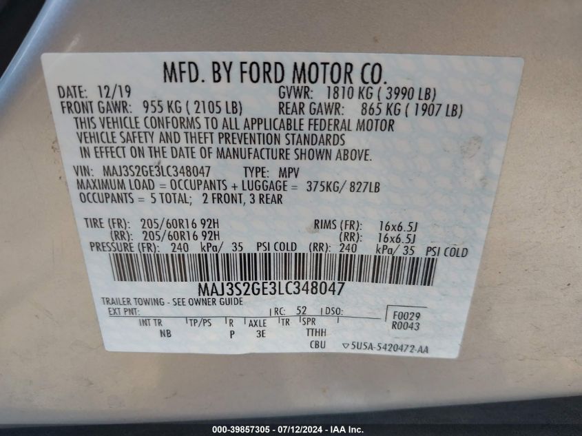 2020 Ford Ecosport Se VIN: MAJ3S2GE3LC348047 Lot: 39857305