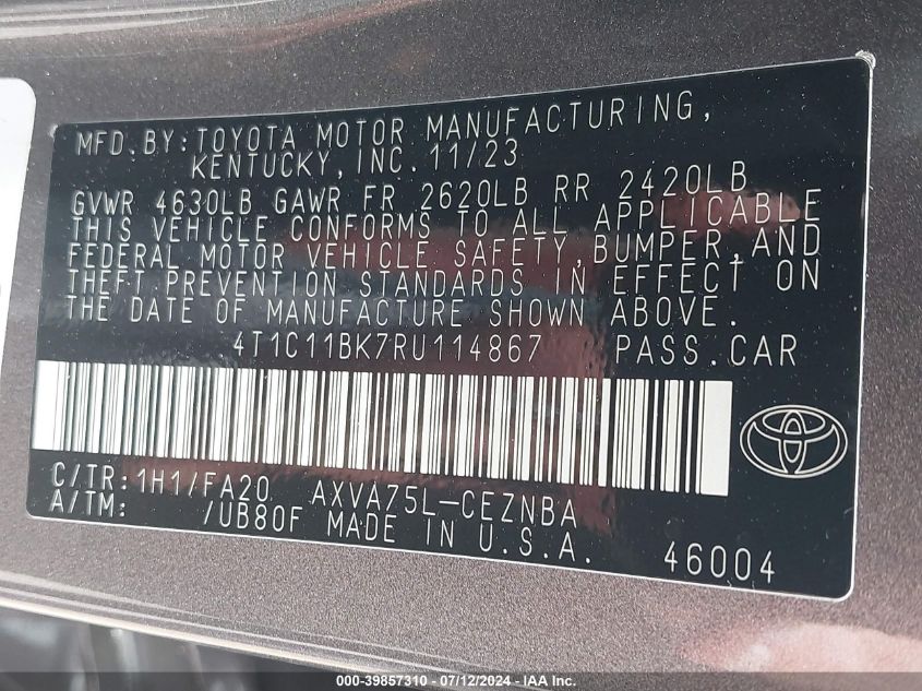 4T1C11BK7RU114867 2024 Toyota Camry Le