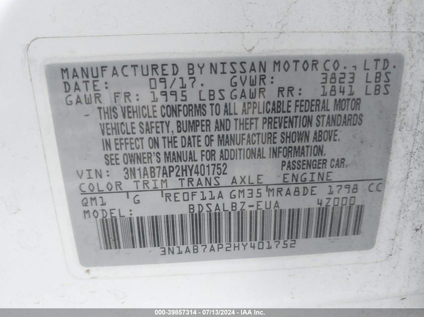 2017 Nissan Sentra S VIN: 3N1AB7AP2HY401752 Lot: 39857314