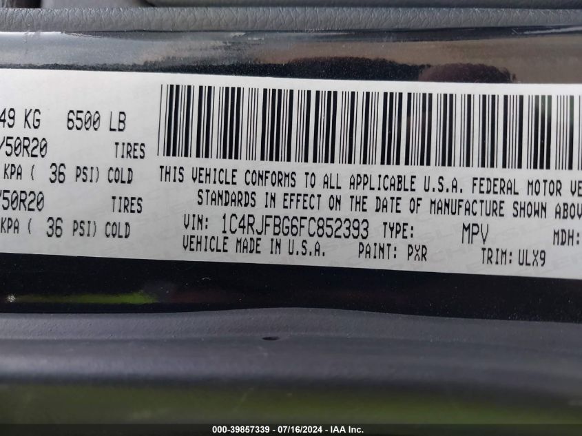 2015 Jeep Grand Cherokee Limited VIN: 1C4RJFBG6FC852393 Lot: 39857339