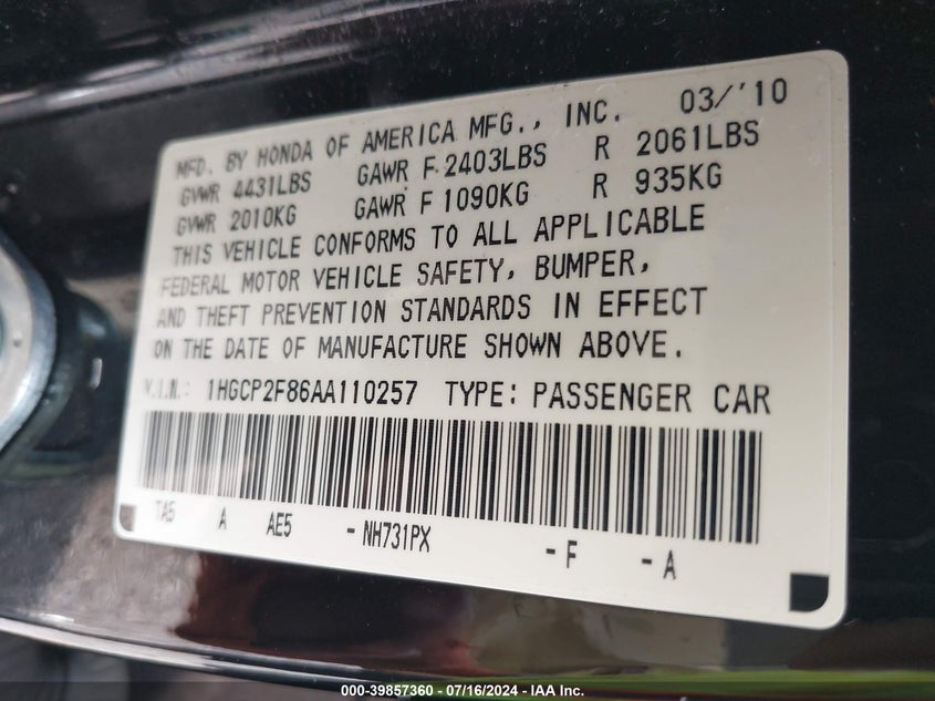 2010 Honda Accord Exl VIN: 1HGCP2F86AA110257 Lot: 39857360