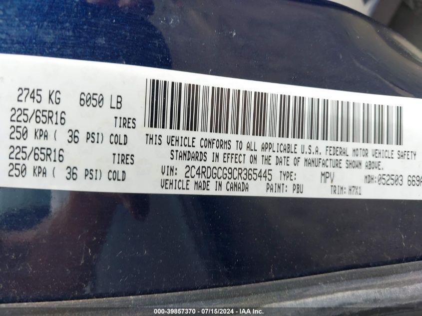 2012 Dodge Grand Caravan Sxt VIN: 2C4RDGCG9CR365445 Lot: 39857370